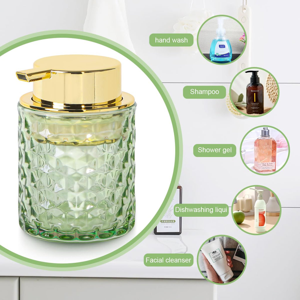 Fvstar 10 Oz Glass Hand Soap Dispenser with Pump, Refillable Bathroom Gold Foaming Soap Dispenser, Vintage Glass Diamond Lotion Container Bottle for Bathroom and Kitchen (1, Green and Gold)