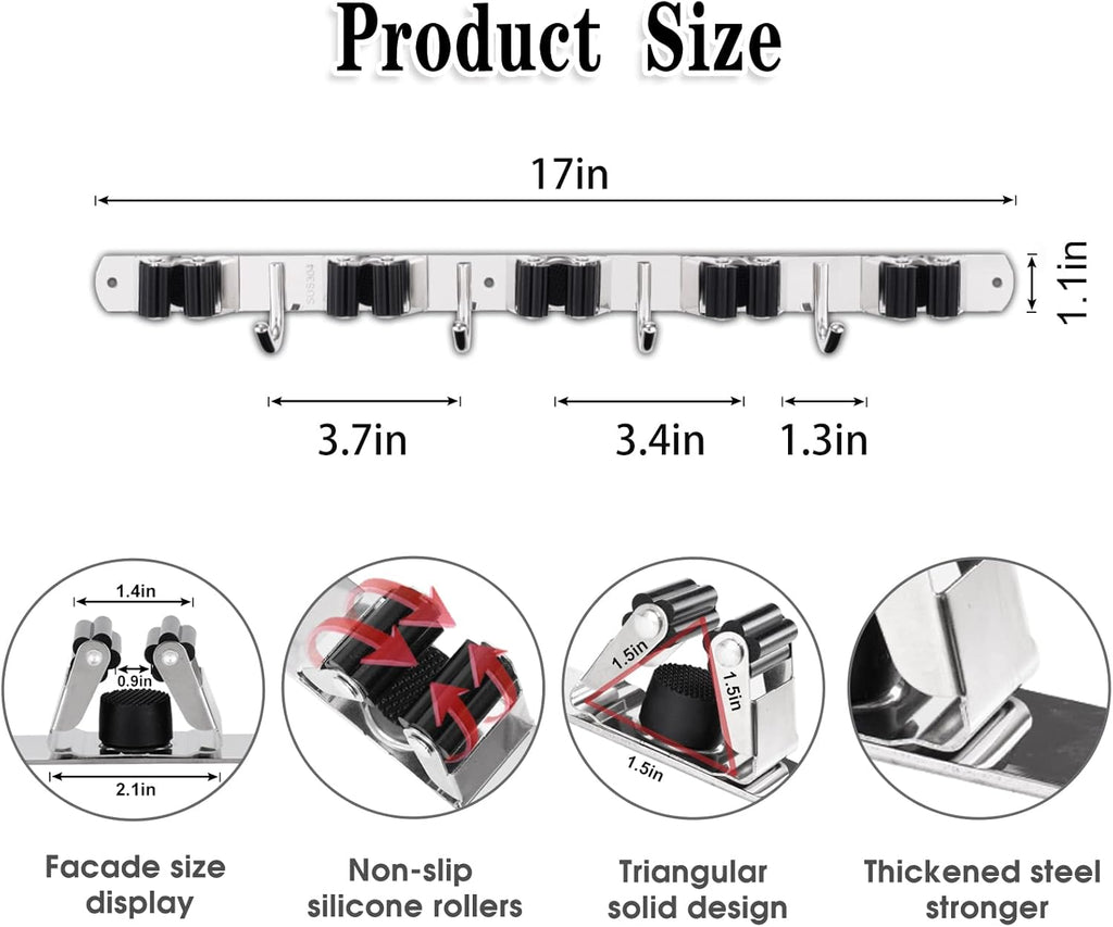 Skiennix Broom and Mop Holder - Wall Mounted Garage Organizer with 5 Racks & 4 Heavy-Duty Hooks
