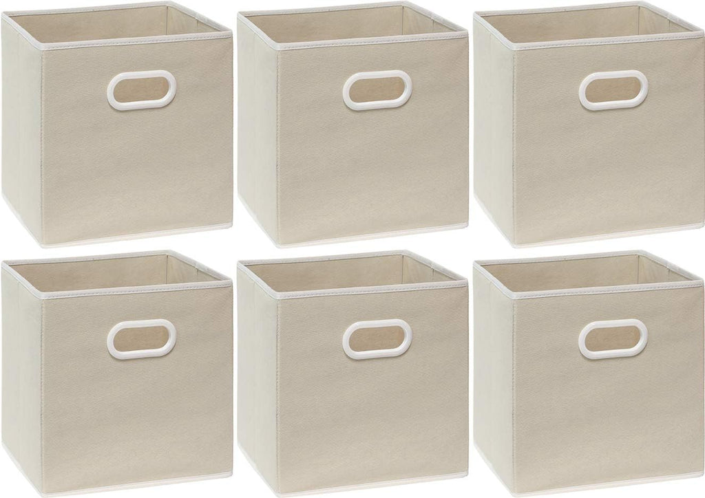 Simple Houseware Foldable Cube Storage Bins - 11-Inch Beige Fabric Organizers | 6-Pack with Handles