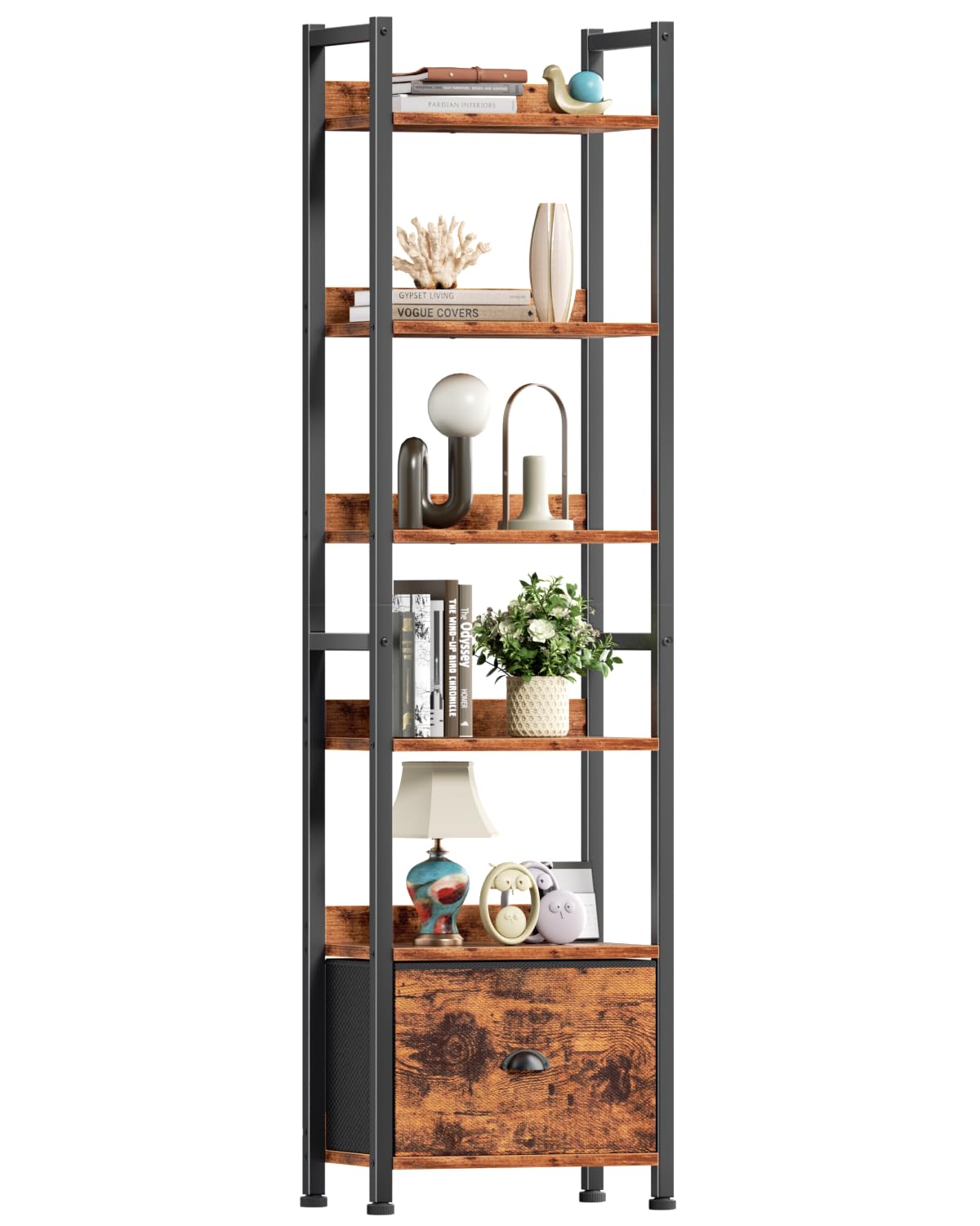 Furologee 6 Tier Bookshelf, Tall Shelf with Drawer, Wood and Metal Bookshelves Storage Organizer, Industrial Display Shelving Unit for Bedroom, Living Room, Home Office, Rustic Brown