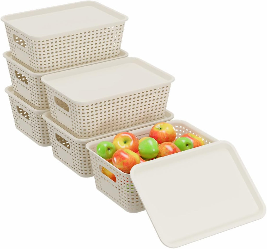 Resze Plastic Storage Baskets - 6 Pack Stackable Organizer Bins with Lids | Space-Saving White Design for Home & Office