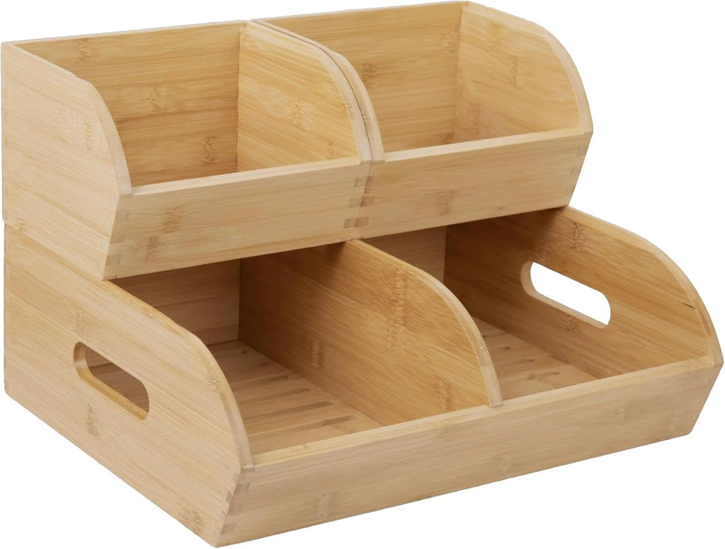 Skiennix Potato and Onion Storage Bin - Ventilated Bamboo Organizer Baskets | Stackable 3-Pack for Kitchen & Pantry