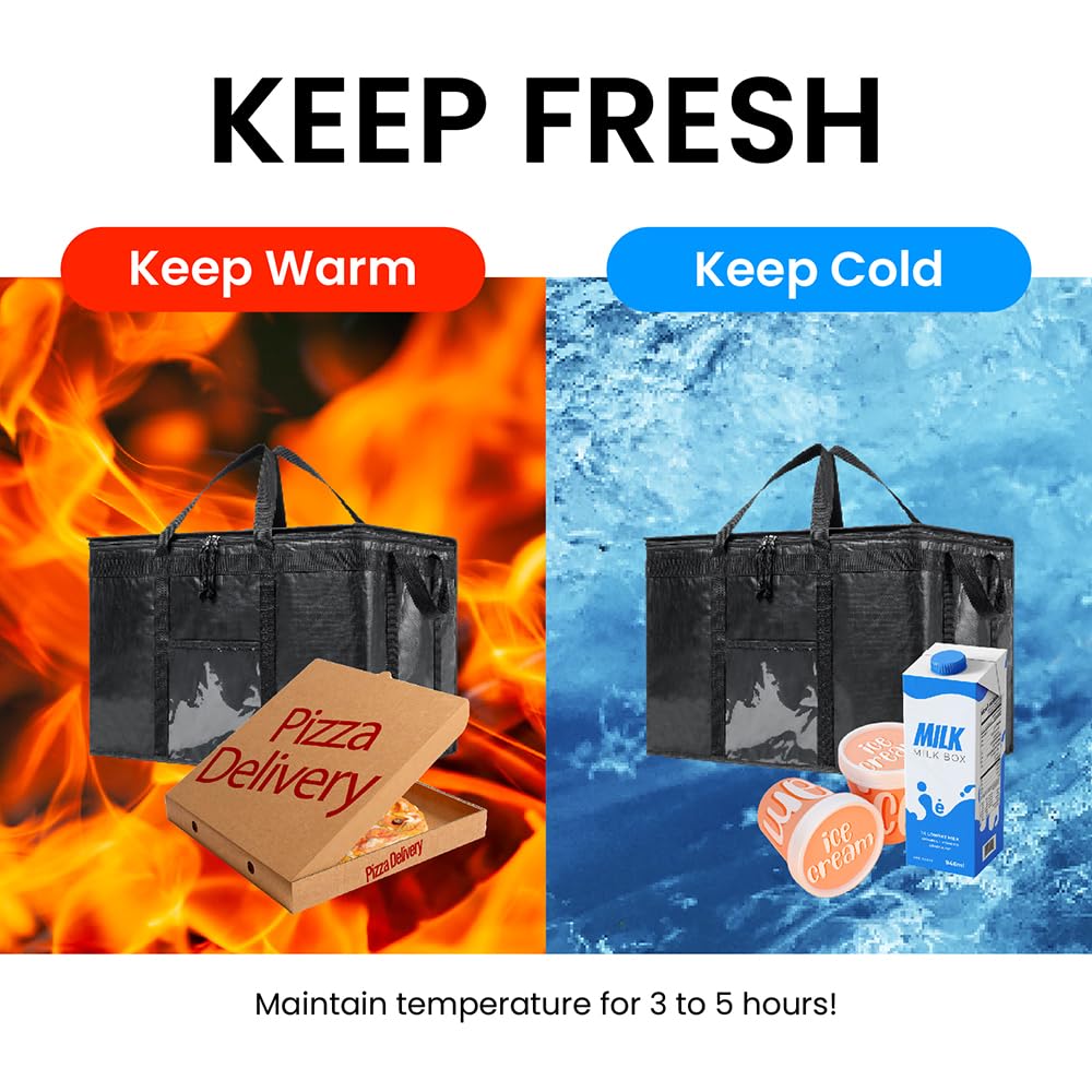 NZ home Insulated Bags for Food Delivery (3XL PRO) Grocery Shopping Cooler Bag, Pizza Delivery, Hot & Cold Catering Tote, Reusable, Foldable & Heavy Duty (2 Pack, Black)