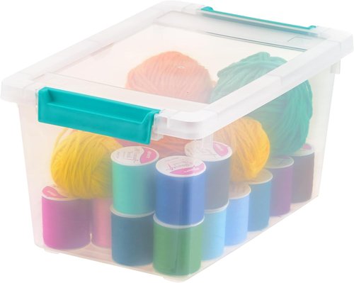 IRIS USA Craft Storage Bins - 4 Qt. Clip Box Tote Organizer, 6-Pack | Stackable Clear & Seafoam Blue