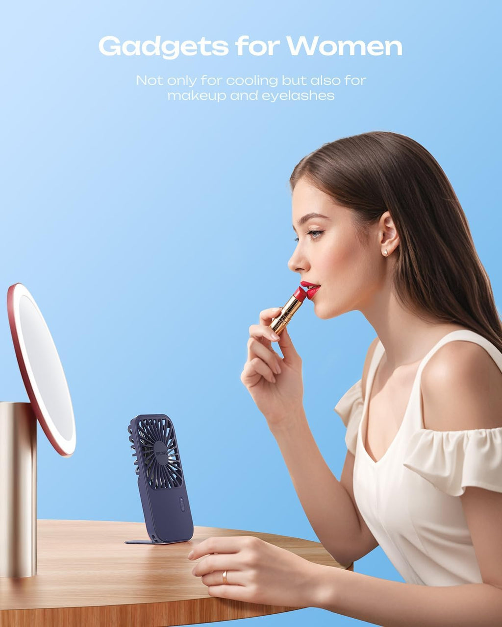 Otlonpe Mini Portable Handheld Fan - Rechargeable, 3-Speed, Foldable Stand, Slim Design | Blue