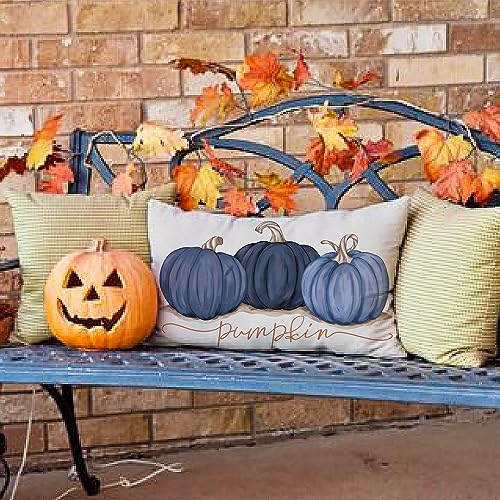 Blue Pumpkin Linen Pillow Cover 12x20 - Autumn Sofa Decor