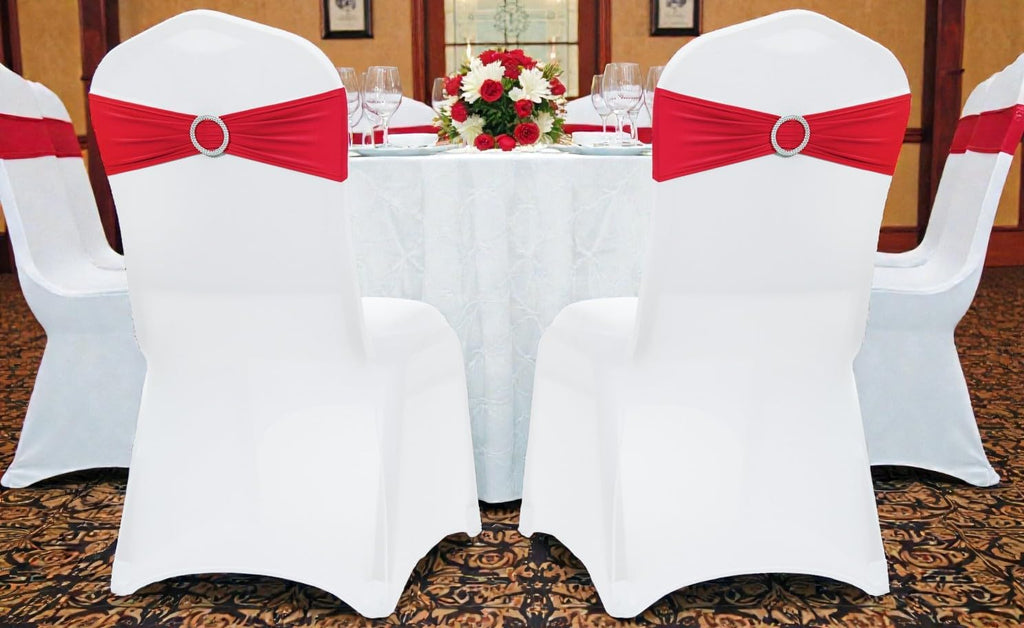 MDS Spandex Chair Sashes - Pack of 125 Elastic Stretch Bands with Buckle Slider for Wedding Decor | Red