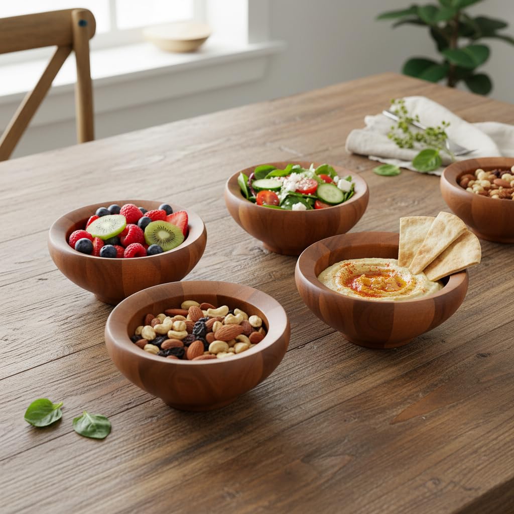 Nambe Yaro Individual Salad Bowls | Set of 4 | Serve Condiments, Dip, Sauce, Nuts, Olive, Salsa | Vegetable Prep Bowls | Made of Acacia Wood | Designed by Sean O’Hara (36-Oz)