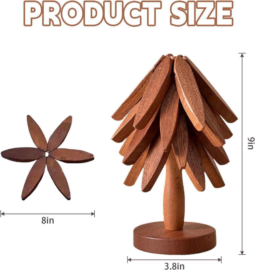 Walnut Wood Trivet Set by [Brand Name] - Tree Shape Design | 4 Trivets + Stand for Hot Dishes