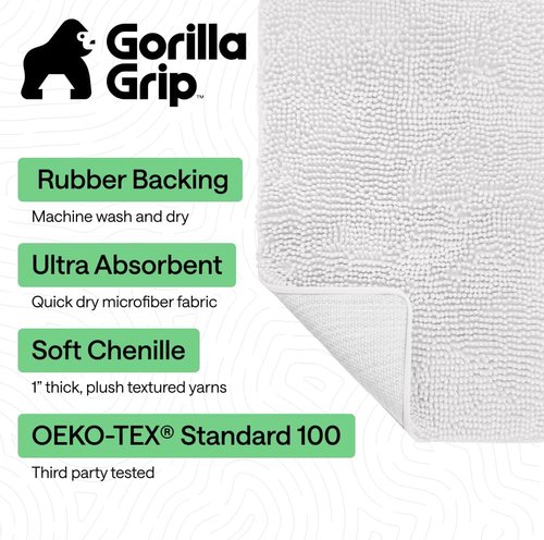 GORILLA GRIP Bath Rug Mat - Soft Absorbent Chenille | Quick Dry Microfiber, 36x24, Washable White