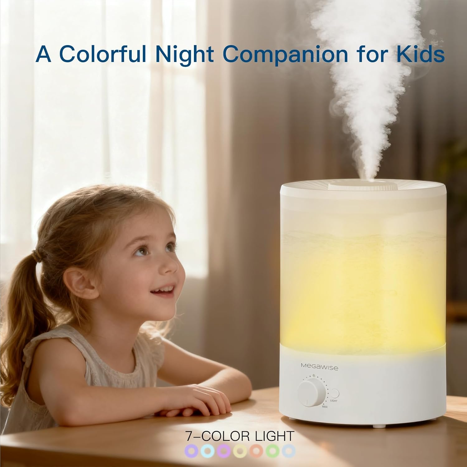 MegaWise Night Light Humidifier - 7-Color Options, 3.5L Capacity, Auto Shutoff & Essential Oil Safe
