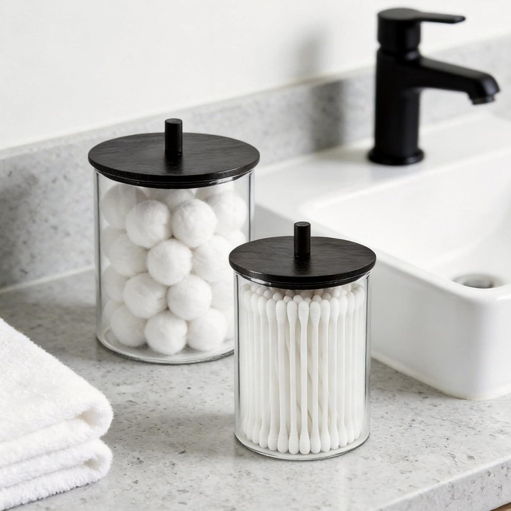Skiennix Glass Qtip Holder Dispenser Set - 15oz & 10oz Cotton Swab Storage with Black Wooden Lids | Bathroom Organizer (2 Pack)