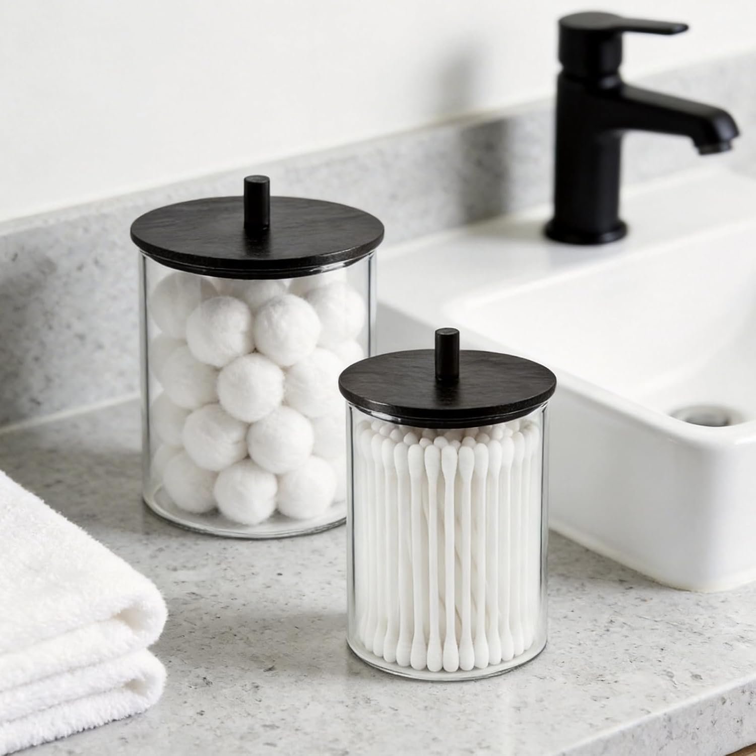 Skiennix Glass Qtip Holder Dispenser Set - 15oz & 10oz Cotton Swab Storage with Black Wooden Lids | Bathroom Organizer (2 Pack)