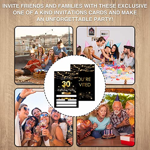 30th Birthday Party Invitations with Envelopes Black Gold 20 Pack