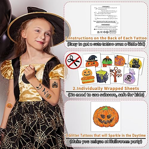 Partywind Glitter Halloween Temporary Tattoos for Kids, 204 PCS