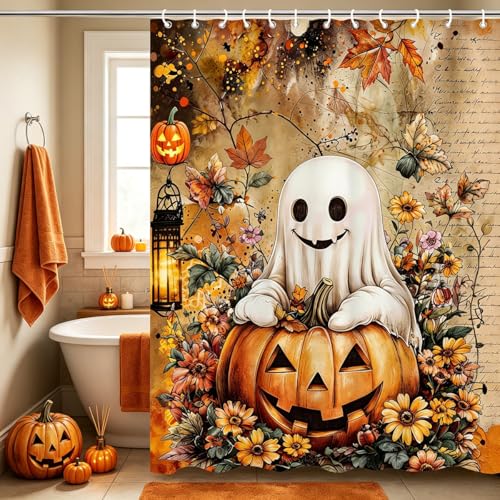 Yellow Halloween Shower Curtain with Ghost & Pumpkin - 72x72 Inch Waterproof Fabric Set
