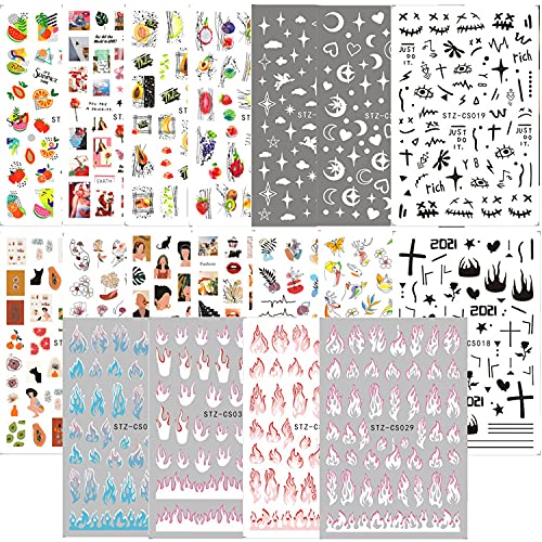18 Sheets Nail Art Stickers Colorful Flame Floral Star Decals