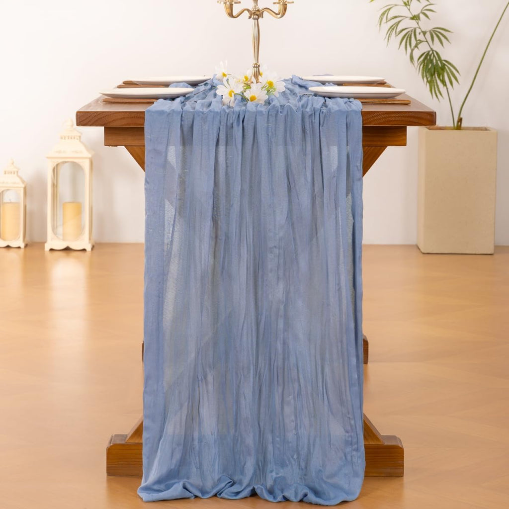 Socomi Cheesecloth Table Runner - Dusty Blue Boho Rustic Gauze | 120 Inch for Weddings & Events