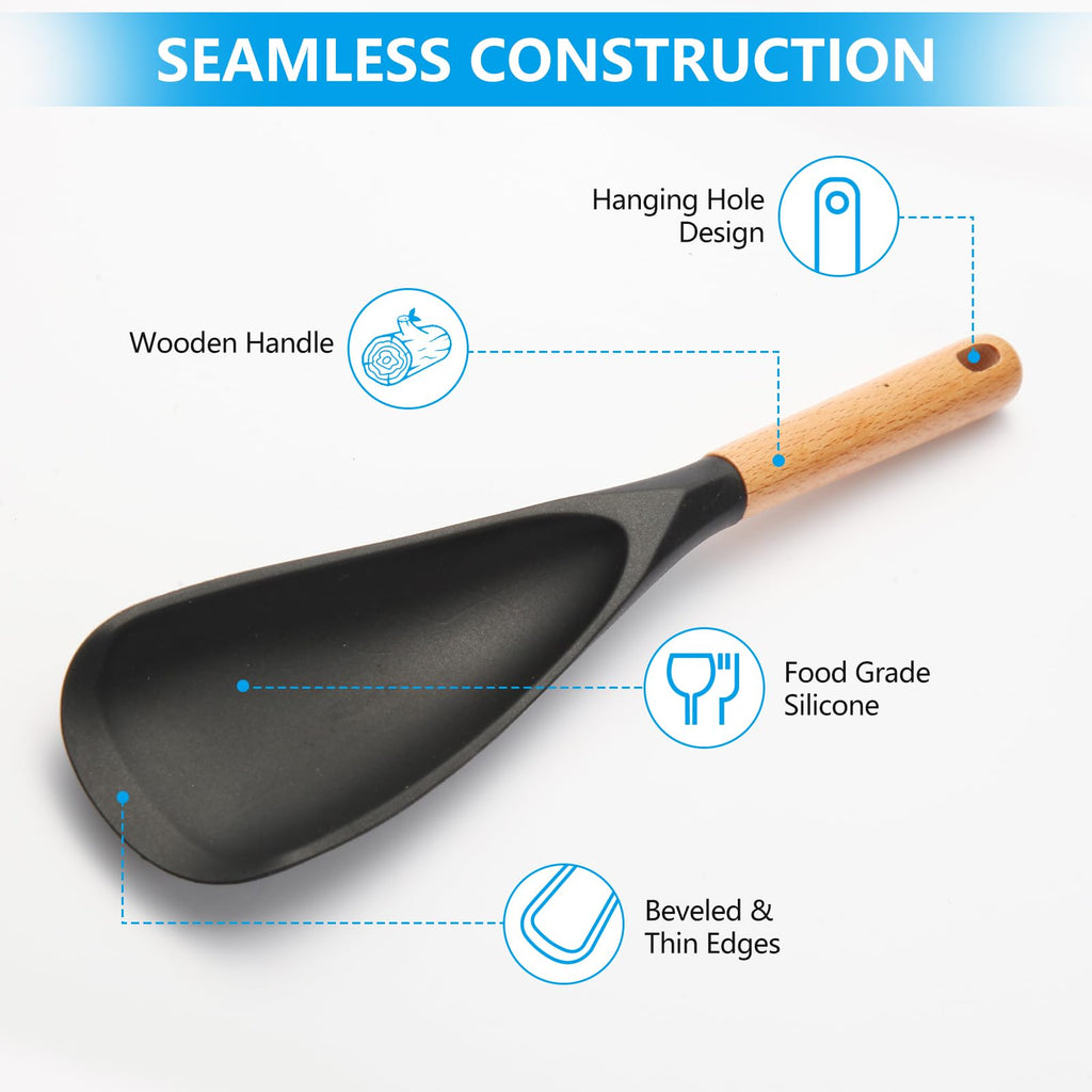 【2 Pack】Silicone Cooking Spoon for Nonstick Cookware - Wooden Handle Kitchen Spoon for Mixing, Flipping, Scraping & Serving - Heat-Resistant Spatula for Baking, Stirring (11.4'' Black 2-Pcs)