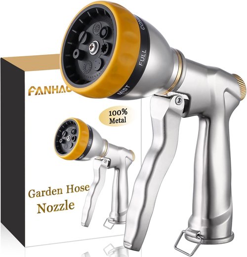 FANHAO Heavy Duty Metal Garden Hose Nozzle - 7 Spray Patterns for Efficient Watering & Washing