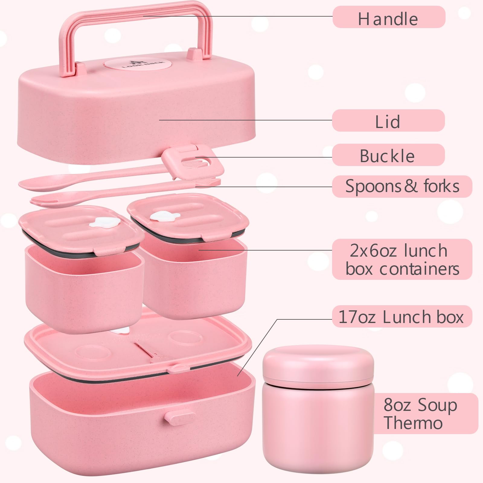 Bento Lunch Box for Kids with 8oz Soup Thermo,2 Leak-Proof Food Containers, a Lunch Bag, Kids Thermo Insulated Hot Food Jar for School, Travel-Pink