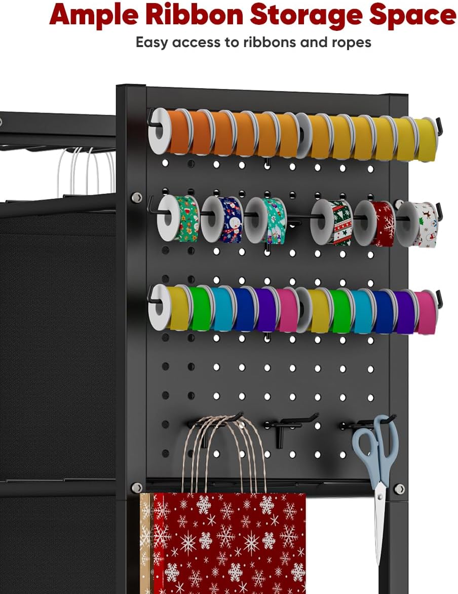 Skiennix Wrapping Paper Storage Organizer - Rolling Gift Wrap Station with Ribbon & Bag Storage | Black
