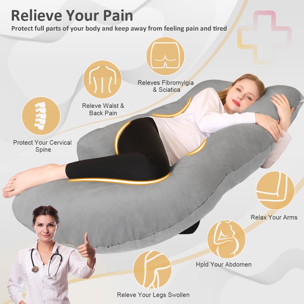 Chilling Home Memory Foam Pregnancy Pillow, J Shape Pregnancy Pillows for Sleeping, Body Pillow for Adults, Maternity Pillow for Pregnant Women, with Velvet Removable Cover, Light Grey