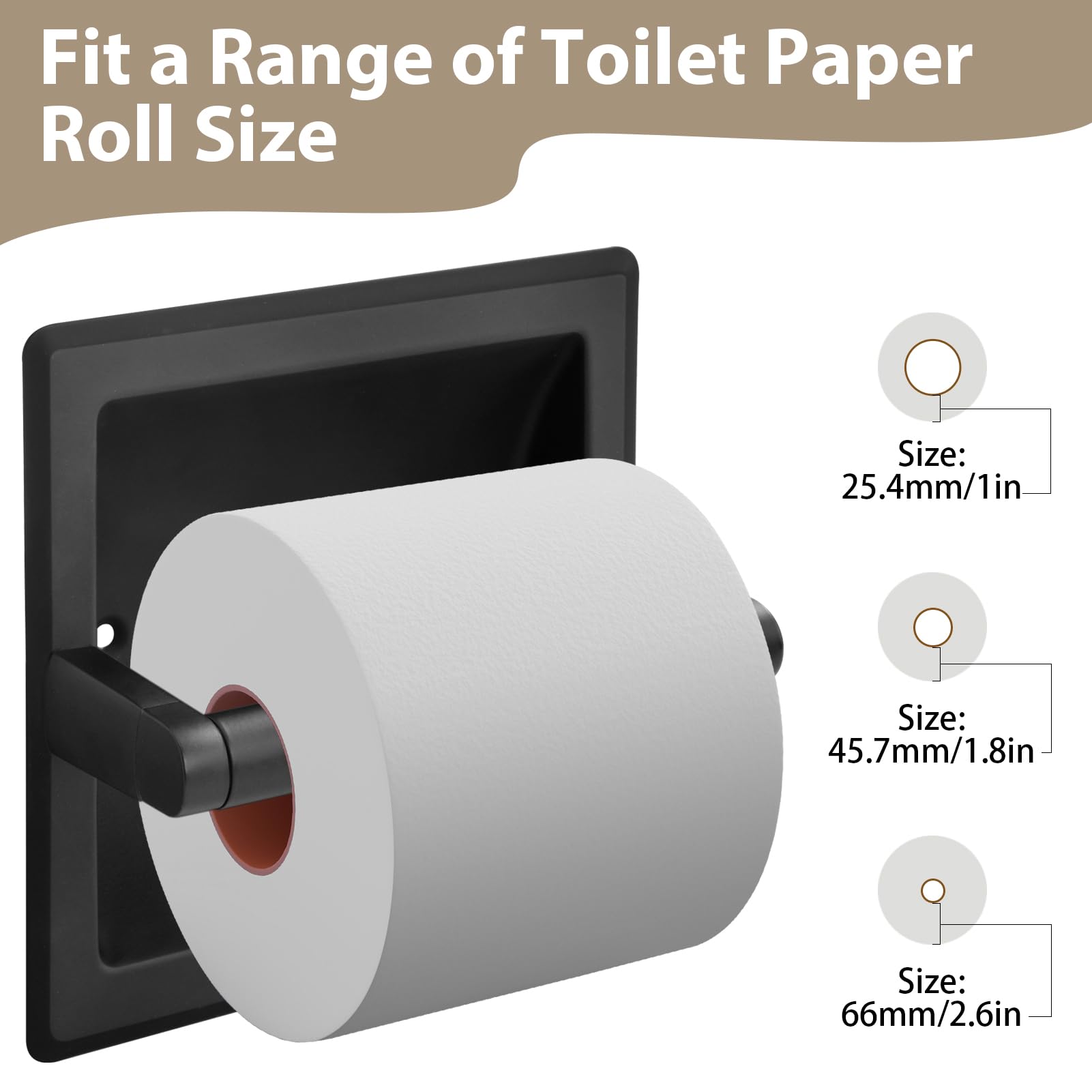 Recessed Toilet Paper Holder for Rolls, Pivoting Stainless Steel in Wall Toilet Paper Holder, Wall Mounted Bathroom Tissue Roll Dispenser with Modern Matte Black Finish
