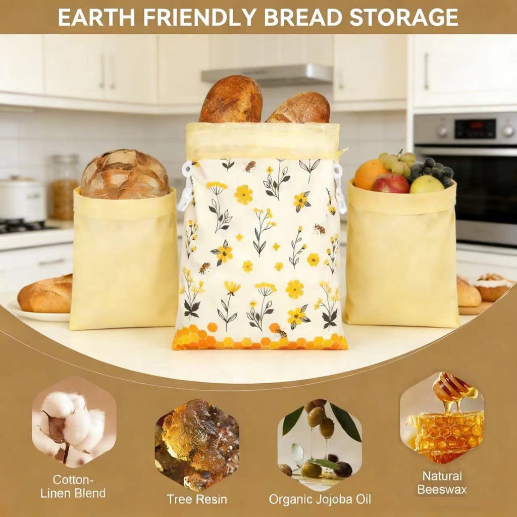 Reusable Beeswax Bread Bags for Homemade Bread & Sourdough, 2 Removable Natural Beeswax Storage Bags and 1 cotton hand pocket, Food-Safe Storage Bag to keeping Loaves fresh longer