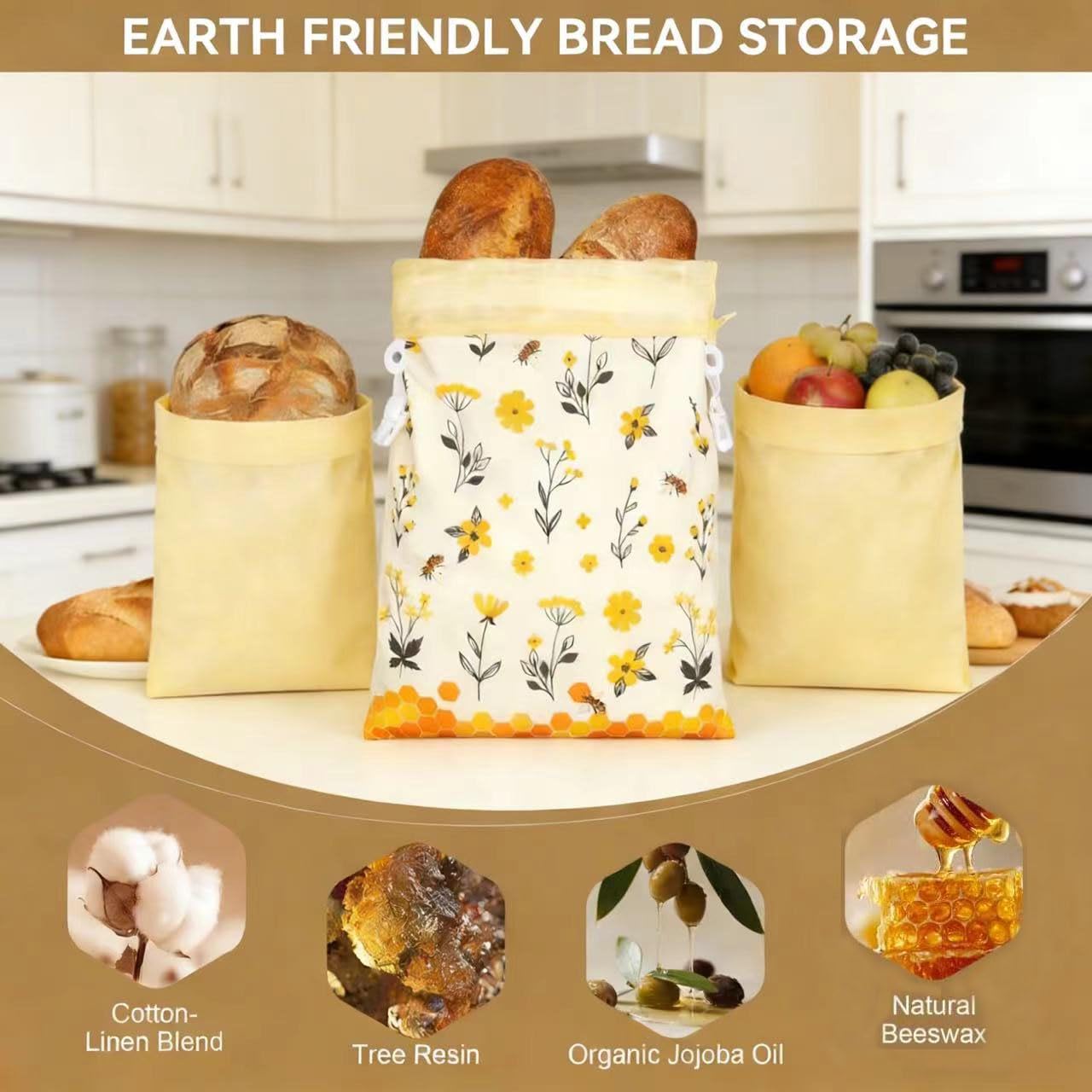 Reusable Beeswax Bread Bags for Homemade Bread & Sourdough, 2 Removable Natural Beeswax Storage Bags and 1 cotton hand pocket, Food-Safe Storage Bag to keeping Loaves fresh longer