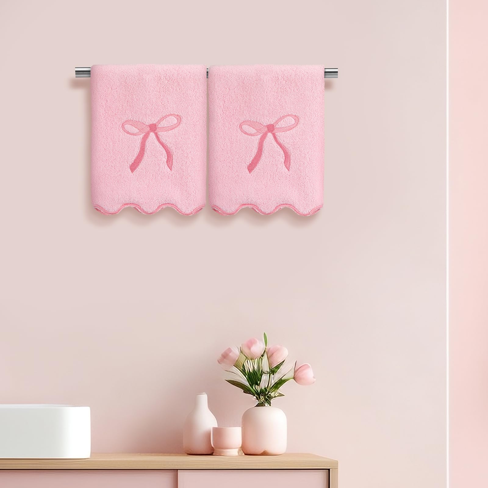 SmoothNovelty 2 Pcs Fingertip Towels for Bathroom 12 x 18 Inch Small Fingertip Towels with Scalloped Pink Bow Design Embroidery Coquette Bow 100% Cotton Soft Absorbent Guest and Housewarming Gift
