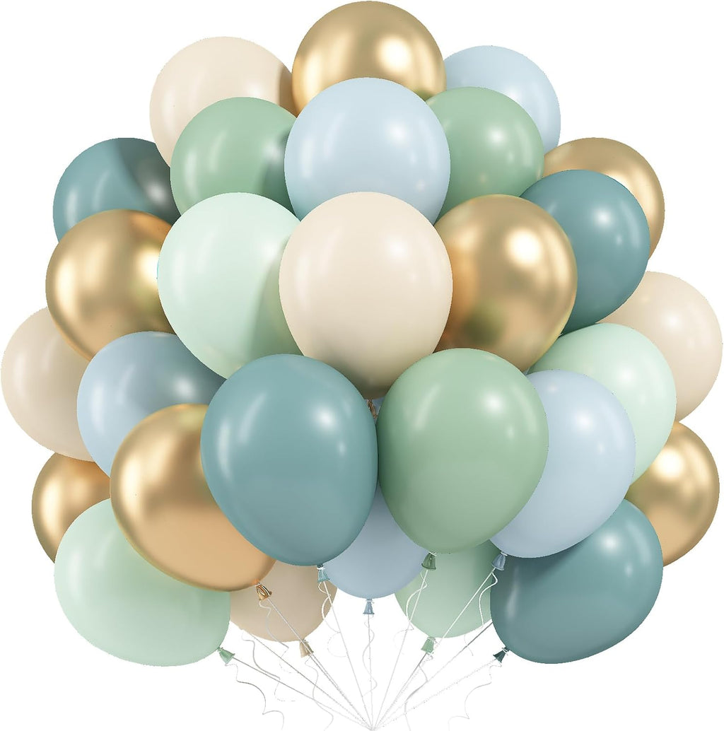 Sage Green & Blue Balloons - 60 PCS 12 Inch Dusty Green, Blue, Sand & Gold for Baby Shower | Wedding Decor