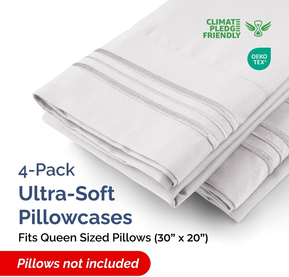 Queen Pillow Cases by [Brand Name] - Ultra Soft Hotel Quality Covers | Wrinkle-Free & Fade Resistant - 4 Piece Set in French Grey