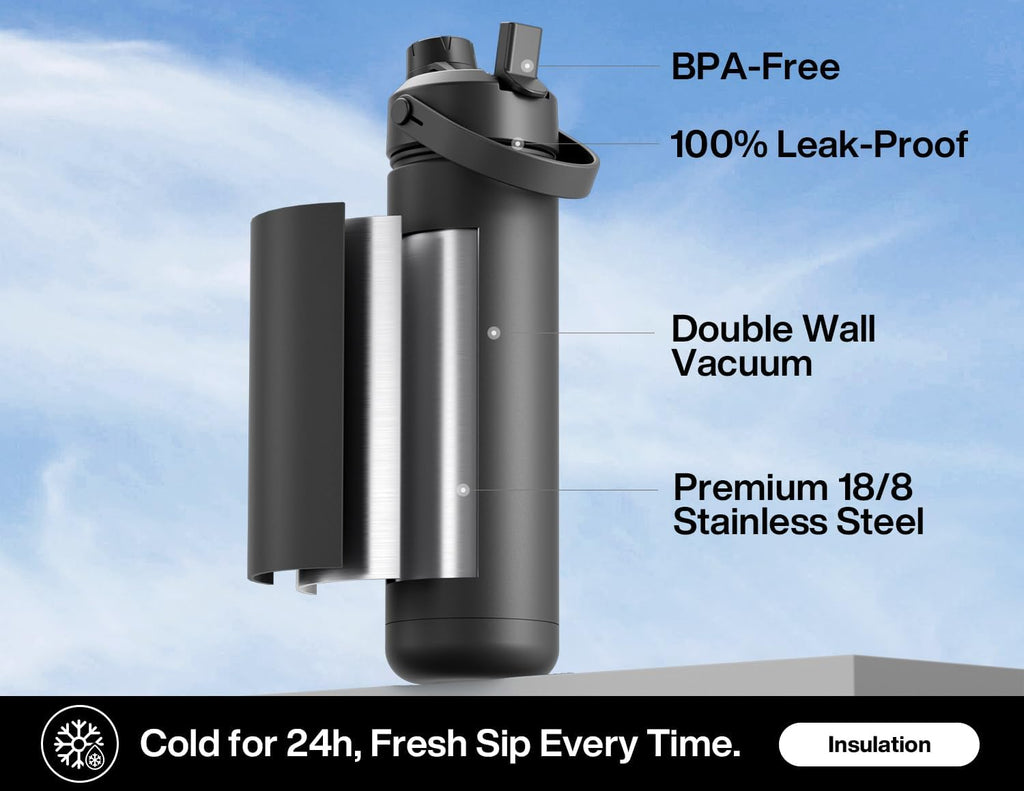 POWCAN 26 Oz Insulated Water Bottle - 2-in-1 Straw & Spout Lid, Keeps Drinks Cold 24H | Dark Knight