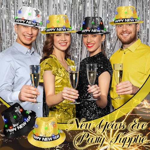 Black Gold Flashing Party Hats Set - Happy New Year, Christmas, Birthday, 3 Pack