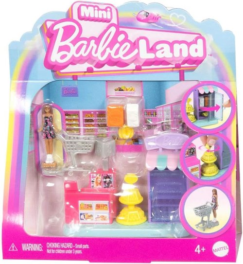 Barbie Mini BarbieLand Supermarket Playset - 1.5-Inch Doll, Shelves, Checkout & Cart for Imaginative Play
