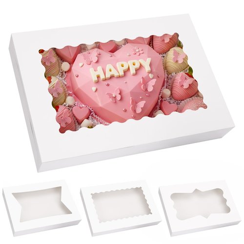 Moretoes 60pcs 16x11x2.5 Inch Cookie Boxes, Bakery Boxes with 3 Style Window for Pastries, Pies, Muffins, Chocolate Covered Strawberries