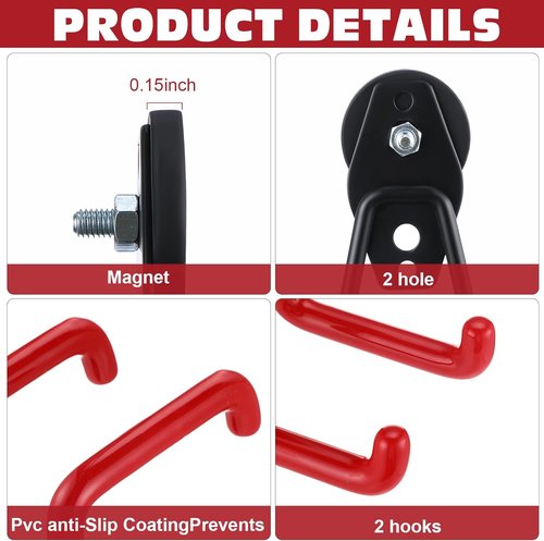 Landhoow Heavy Duty Magnetic Hooks - 6 Pcs Large Storage Utility Hangers with Anti-Slip Rubber Coating | Red