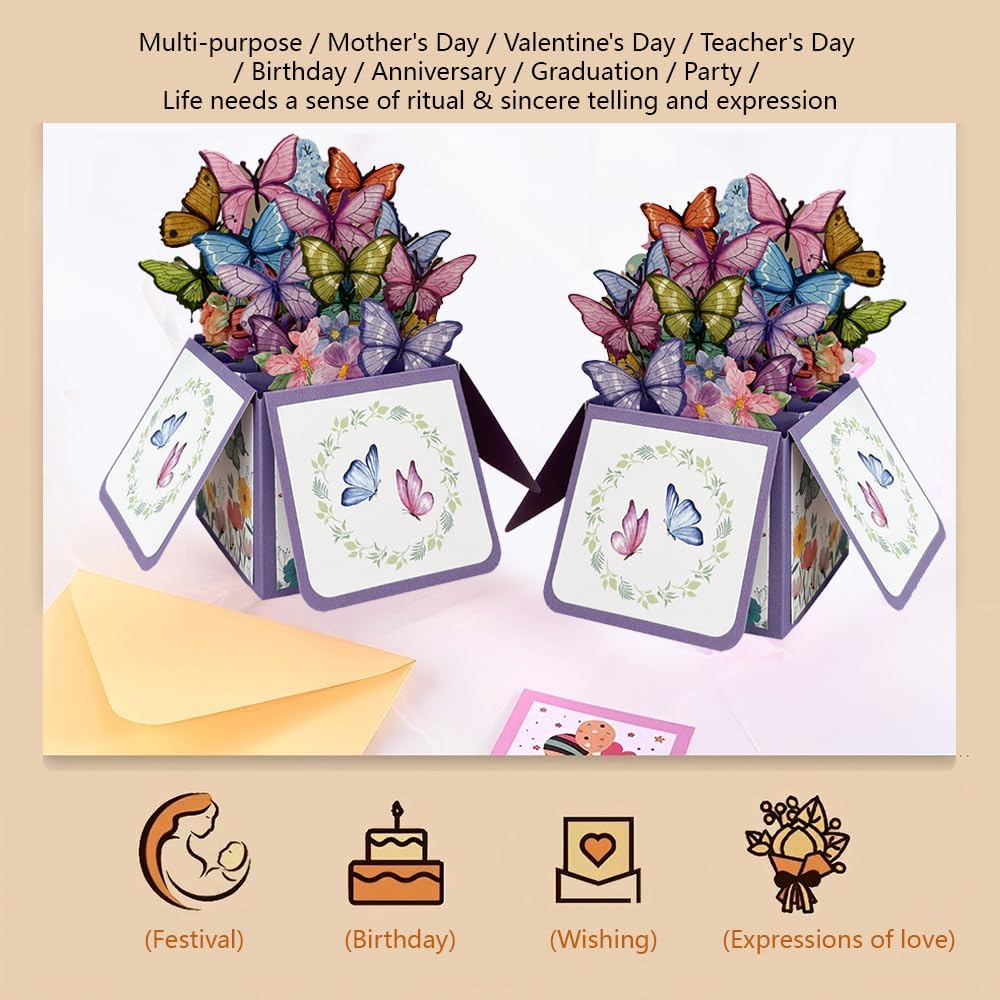 Regine Switzerland Pop-Up Greeting Cards - Butterfly & Bouquet Design with Envelopes | Perfect for Family & Friends