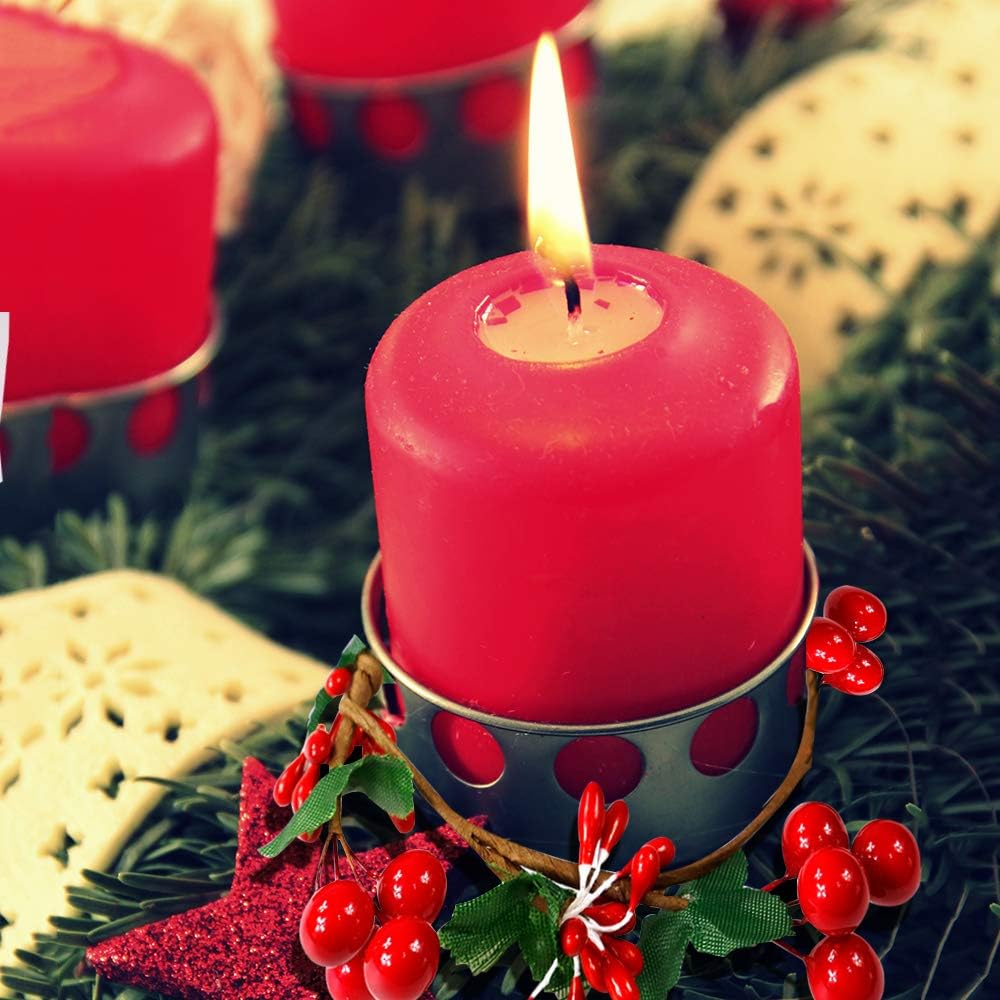 YBB Christmas Candle Rings - 8Pcs Small Artificial Red Berry Wreath Holders for 3-Inch Pillar Candles | Rustic Wedding Decor