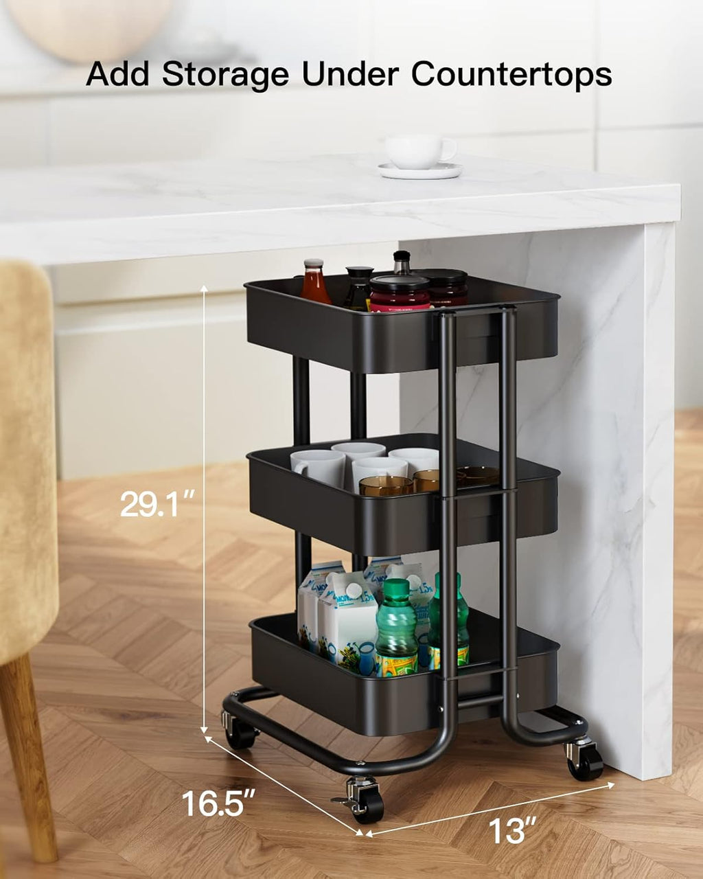 Pipishell 3-Tier Metal Rolling Utility Cart - Heavy-Duty Storage with Lockable Wheels | Black Mesh Design