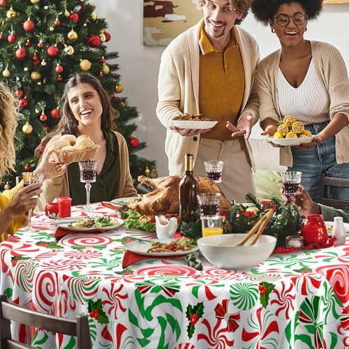 12Pcs Christmas Candy Cane Round Tablecloths - Red & Green 84 Inch Holiday Decor