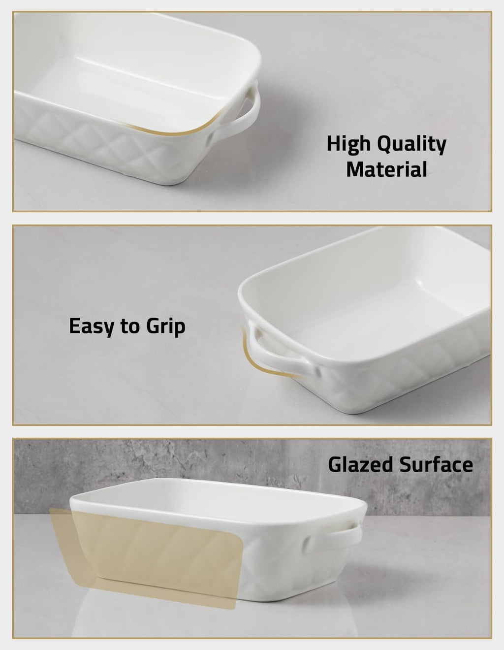 Sweejar Casserole Dishes - Set of 3 Ceramic Bakeware for Oven Cooking | Rectangular 12.2x9.2x2.5 Inches (White)