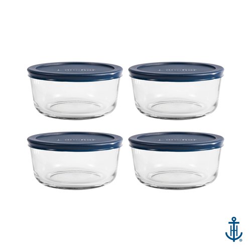Anchor Hocking SnugFitTM Round Food Storage Containers with Lids (4-Piece, 7-cup, Navy Blue, oven-safe)