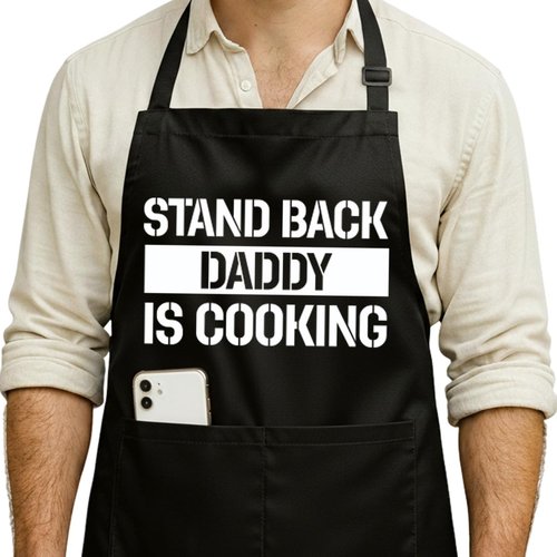 Niyorayna Funny Black Grill Apron with Pockets for Man,Daddy,Husband,Father in Law,Standback Daddy is Cooking,Dad Grilling Apron Gifts from Daughter Son,Man BBQ Cooking Gifts for Birthday Christmas