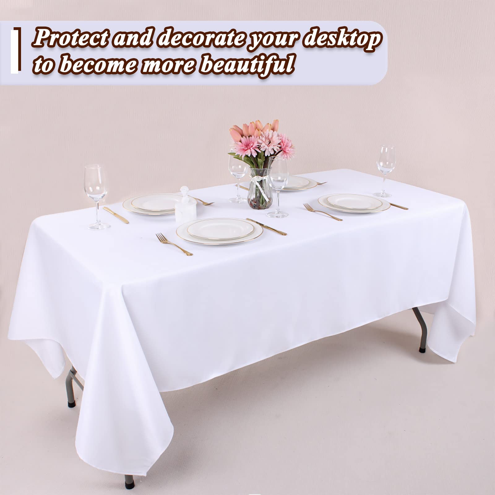Kesfey 6 Packs White Polyester Table Cloths 90 x132 inch Rectangle High Density Tablecloth Fabric Tablecover for 6 Foot Tables Wrinkle Resistant Washable Table Cloth for Wedding Celebration Buffet