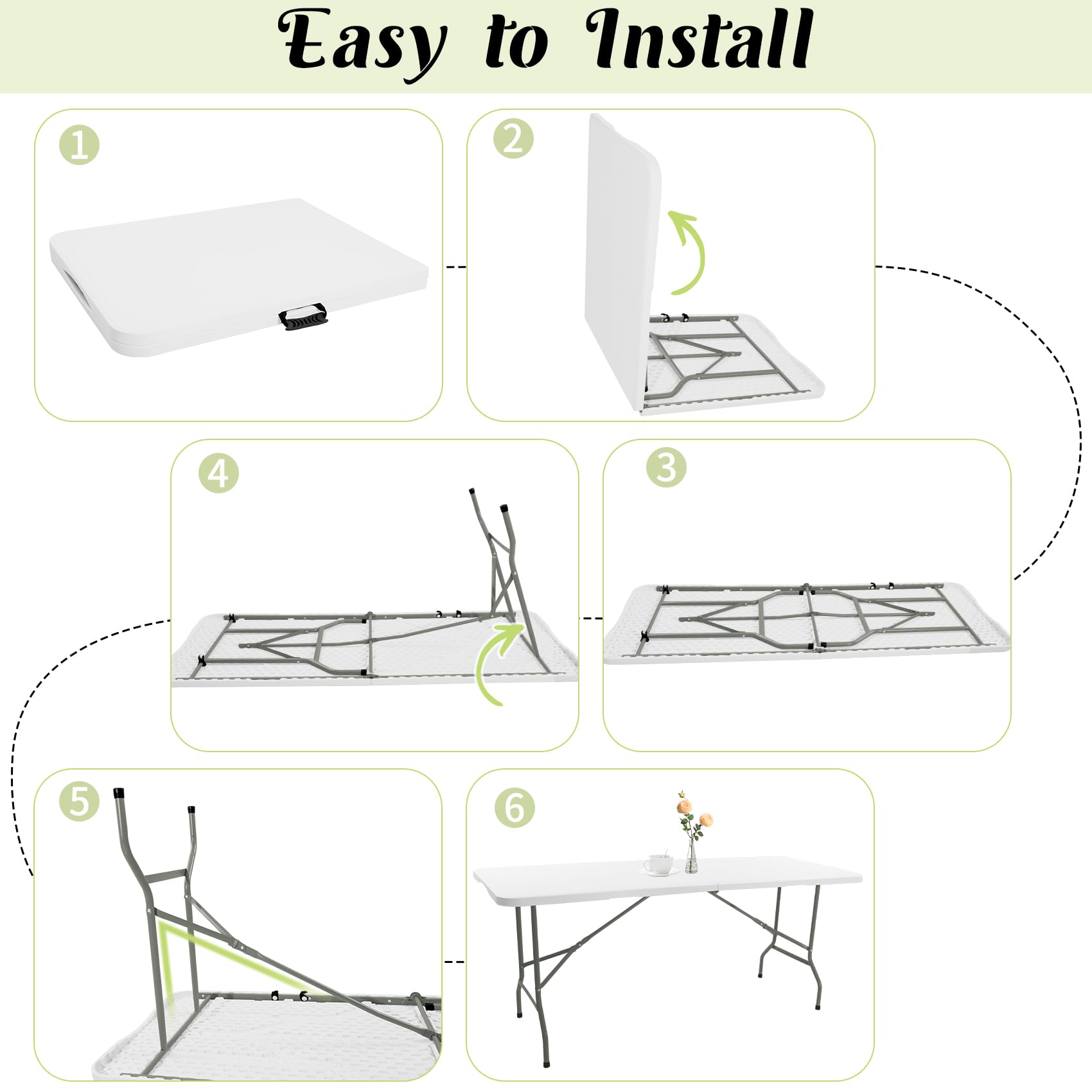 Fivenl 2 Pack 6 FT Folding Tables White Foldable Table, Fold-in-Half with Carrying Handle Portable Plastic Rectangular Table for Party, Dining, Wedding, Camping, Picnic, Indoor Outdoor Events