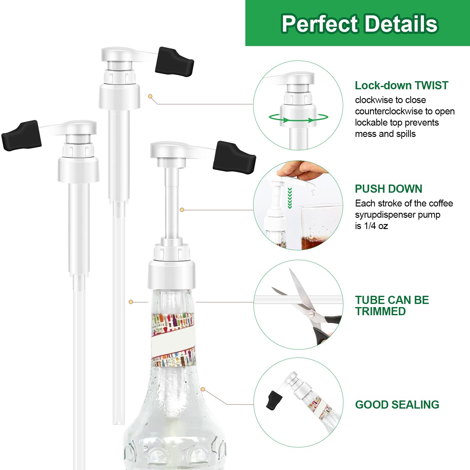 2pcs White Syrup Pump 750ml Glass Bottle White Coffee Syrup Pump with Tip Cap(2) Compatible with Monin Glass Bottles