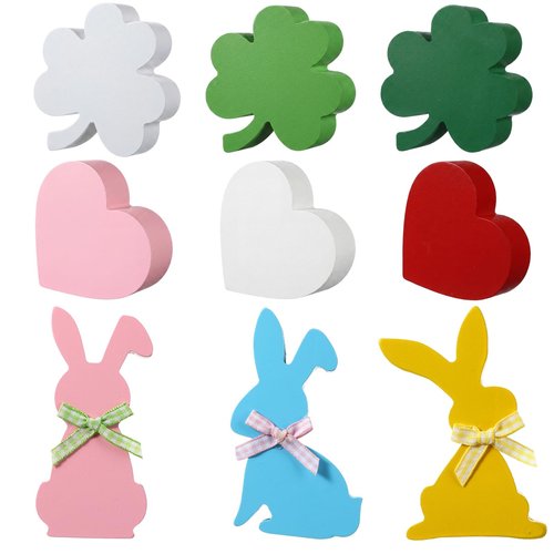 Amyhill 9 Pcs Valentine's Day Tiered Tray Decor Rustic St. Patrick's Day Easter Centerpiece Decorations 4 Inch Farmhouse Heart Shamrock Rabbit Wooden Signs Table for Kitchen Home Party Gift