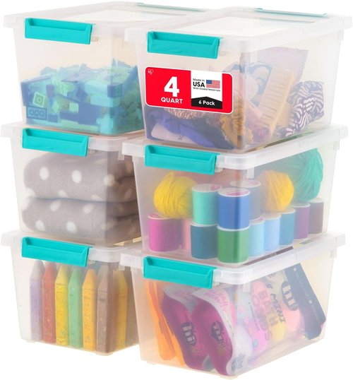 IRIS USA Craft Storage Bins - 4 Qt. Clip Box Tote Organizer, 6-Pack | Stackable Clear & Seafoam Blue